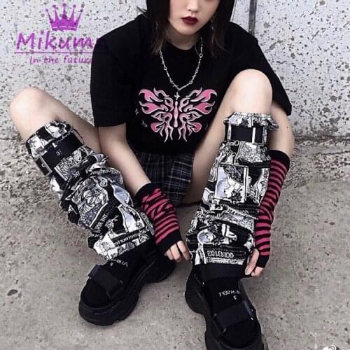 Japanese Harajuku Girls Vintage Anime Cartoon Printed Removable Leg Warmer Knee Sleeve Sock Punk Chic Streetwear Foot Cover