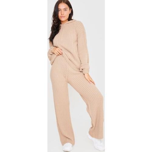 Autumn Knitted Ribbed Women 's Set Casual Long Sleeve Drawstring Hoodies and Loose Pants Suit Sweatwear Sportwear Two Piece Sets