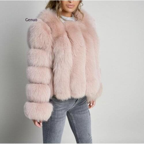 Women Fake Fox Fur Jacket Female Winter Luxury Thick Warm Outerwear High Quality Faux Silver Fox Vertical Cropped Fox Fur Coat