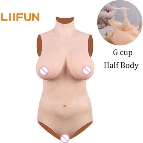 Liifun Silicone Breast Forms Bodysuit Triangular Fake Boobs Vagina Hip Enhancer Panty High Collar Style for Crossdress Shemale