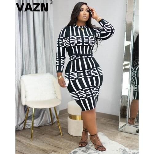 VAZN 2020 Hot List Plus Size Retro Mature Regular Daily Sexy Elegant Overalls Style Full Sleeve Women High Waist Midi Dress