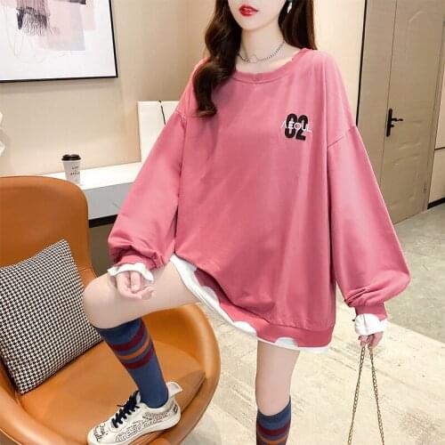 QRWR Spring Autumn New Sweatshirt Women Casual O Neck Hoodie Fashion Loose Fake Two Womens Hoodies Top Streetwear High Quality