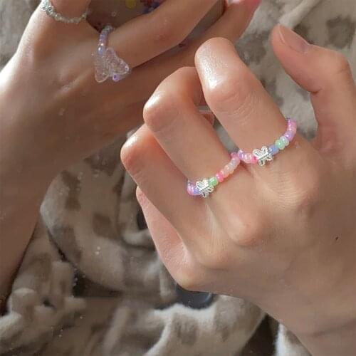 2020 Korea Summer Colorful Cute Transparent Acrylic Crystal Beads Butterfly Handmade Rings for Women Party Jewelry
