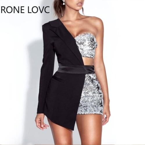 Women Chic Patchwork Sequin Hollow out One Shoulder Notched Collar Sexy Party Romper