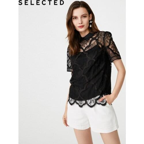 SELECTED Womens Laced Cut-out Turn-down Collar Short-sleeved Tops S|419341501