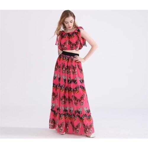Plus Size Runway Set High Quality Women Clothes Sets Summer Butterfly Printed Top + High Waist Skirt