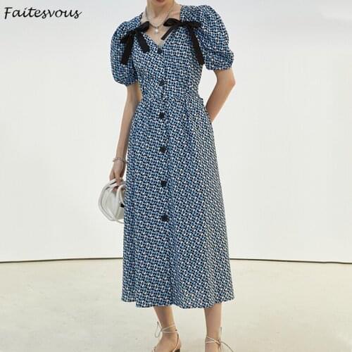 French Floral Dress Women 2021 Summer New Style Puff Sleeve Slim Long Dress High Waist Button Dresses Office Ladies