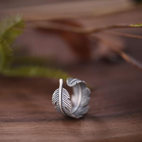 VamGoth1573 925 Sterling Silver Feather Open Ring for Women Men Vintage Adjustable Size Free Shipping