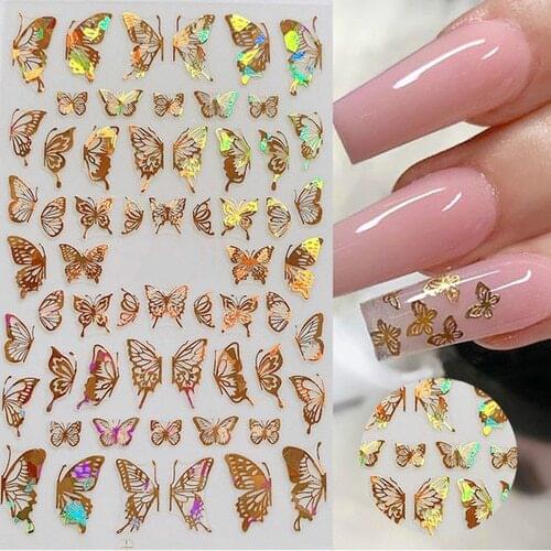 1pc Holographic 3D Butterfly Nail Art Stickers Adhesive Sliders Colorful DIY Golden Nail Transfer Decals Foils Wraps Decorations