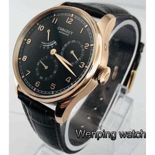 Corgeut new 42mm rose gold case sapphire glass black dial date waterproof seagull movement mens top leisure watch