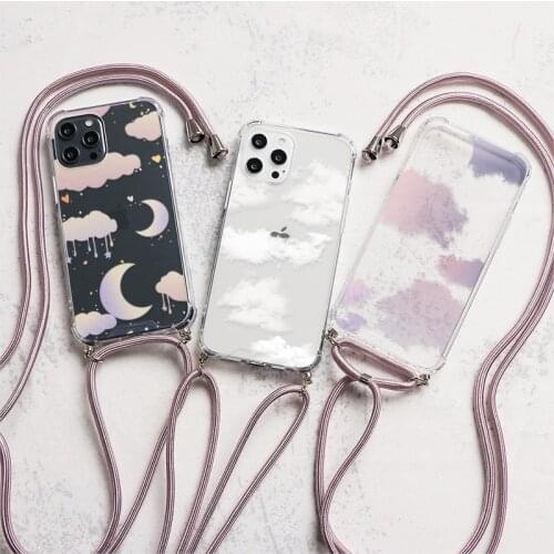 Moon Cloud Pattern Fundas For Motorola Moto G8 G9 G7 E7 E6 One Fusion Plus Play Power Necklace Lanyard Rope Clear Hard PC Cover