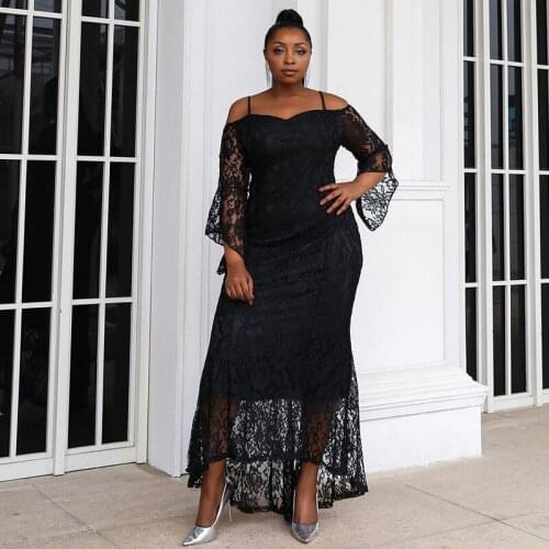 Elegant Vintage Party Sexy Lace Long Dress Plus Size 4XL Women Mesh Hollow Bodycon Black African Maxi Dress Ladies Vestidos