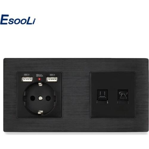 Esooli Aluminum Panel EU Socket with 2 USB+RJ11 Telephone Jack With RJ45 Data Computer Internet Connector Wall Socket