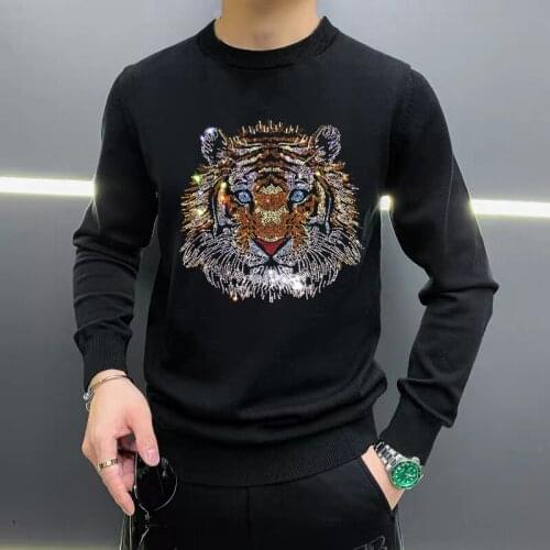 Hot Selling High Quality Autumn Winter Warmth With Rhinestone Tiger Mens Sweater Fashion Sweatshirt Casual Slim Pullover