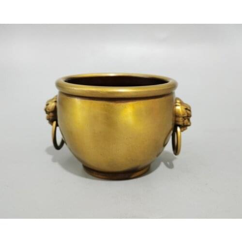 Chinese Collectibles Brass Copper Lions head Statue Small water Tank Home decor Metal crafts Ornaments