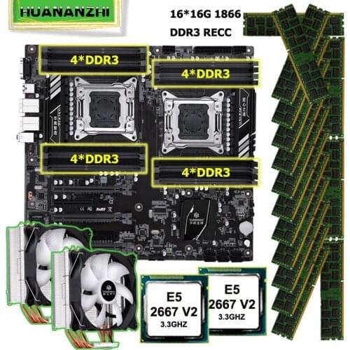 HUANANZHI X79-16D Dual CPU Socket Motherboard Set 2 Xeon Processors E5 2667 V2 with Coolers Big Brand RAM 256G(16*16G) 1866 RECC