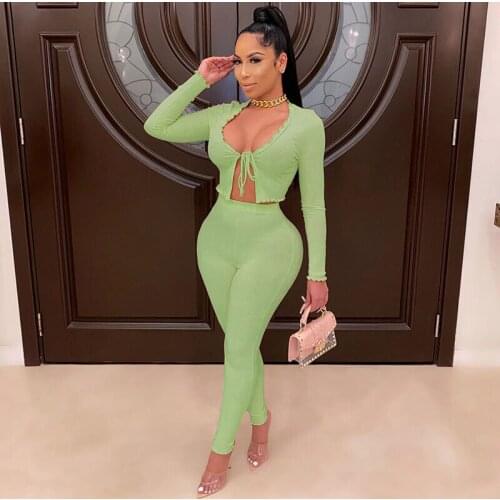 Women Autumn Two Piece Set Femme Knitted Long Sleeve Bandage CardiganTop + High Waist Elastic Pants Outfits 2Pcs Suit 2020