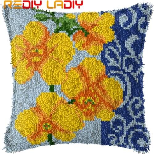 Latch Hook Cushion Gold Orchid Flowers Pillow Case Printed Canvas Acrylic Yarn Latched Hook Pillow Crochet Cushion Cover Kits