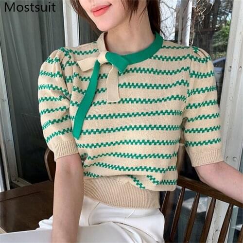 Summer Striped Bowtie Knitted Pullover Knitwear Women Short Sleeve O-neck Tunics Sweater Korean Vintage Elegant Jumpers Tops