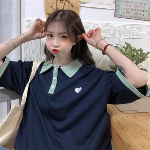 Summer Sale preppy heart embroidered polo shirt womens short-sleeved Kawaii polo Tops Harajuku alt Vintage Clothing for girls