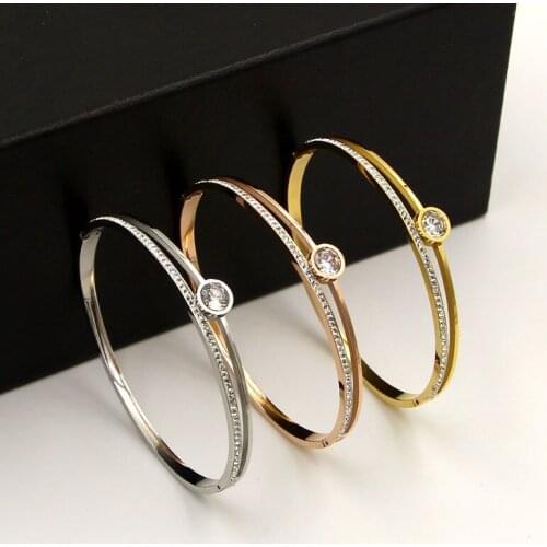 Fashion Brand Round Double-deck Full Crystal Buckle Bracelet Bangle Rose Gold Color Stainless Steel Women Party Gift