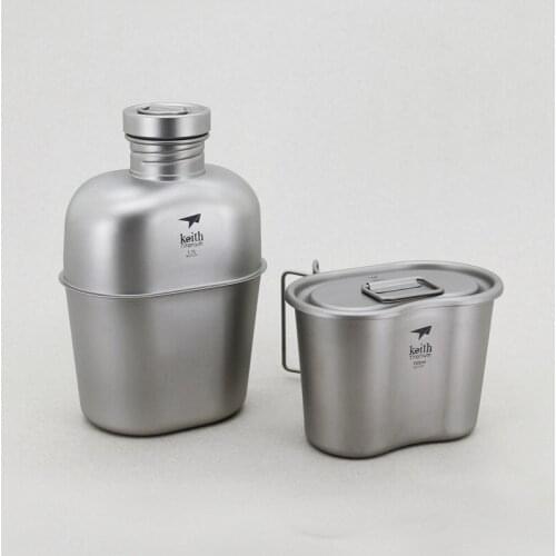 NEW STYLE Keith Ti3060 Titanium Army Canteen 1100ml Water Bottle+700ml Cup Folding Handle Lunch Box & Bag