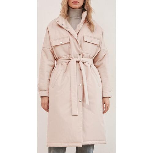 CP Front Pockets Parkas Women Fashion Simple Stand Collar Coat Women Elegant Winter Tie Belt Long Cotton Jackets Female Ladies