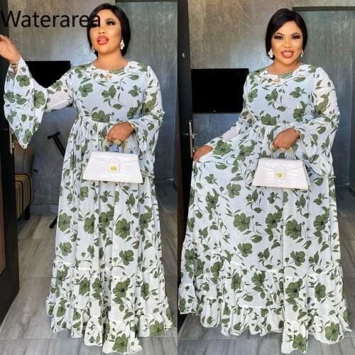 Waterarea Women African Style Flare Long Sleeve High Waist Fit and Flare Chiffon Dress Boho Ruffles Long Floor Length Dresses