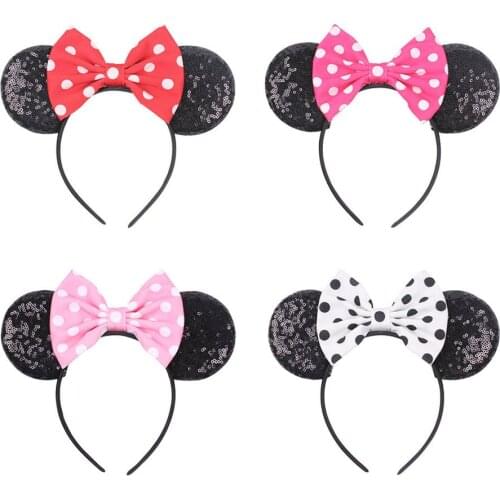 Disney 1pcs GIrl Bow Sequins Mouse Ears Polka Dot Hair Band Bowknot Mickey Hair Band Childrens Hair Accessories