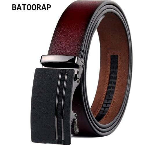 BATOORAP Designer Belts Men Luxury Brand Genuine Leather Retro Ratchet Belt Wine Red Cowhide Automatic Buckle Pant Dress Strap