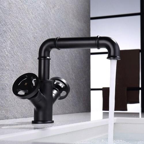 Modern Industrial style Top Quality Brass Bathroom sink faucet Copper Basin mixer Tap 1 hole 2 handle Artistic faucet,Black