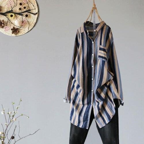 Casual Cotton Linen Blouse Vintage Striped Ladies Long Tops New Arrival Spring Women Long Sleeve Loose Shirts All-Matched