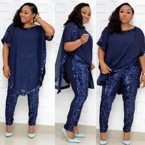 African Set For Women 2020 Spring Summer Sexy Fashion African Beauty Sequined Plus Size Two Pieces Sets Blouse And Jumpsuit