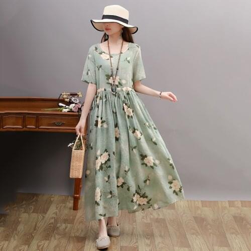 Soft Cotton Linen Print Floral Vintage Dress 2021 New Arrival Women Casual Summer Dress Draw String Office Lady OL Work Dress