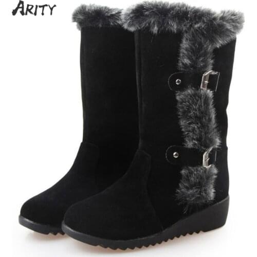 Winter Women Boots Casual Warm Fur Mid-Calf Boots shoes Women Slip-On Round Toe wedges Snow Boots shoes Muje Plus size 42
