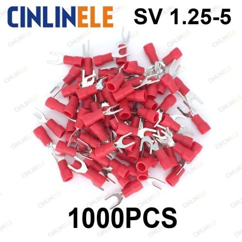1000pcs Crimp Terminal SV 1.25-5 AWG22-16 0.25-1.65mm^2 Crimp Fork Spade terminals Fork Terminal Brass SV1.25-5