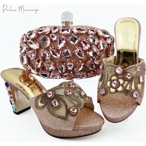 2021 Nigerian Fashion Peach Colorful Rhinestone Decoration Style Italian Design Pary Women Shoes and Bag Set in Peach Color