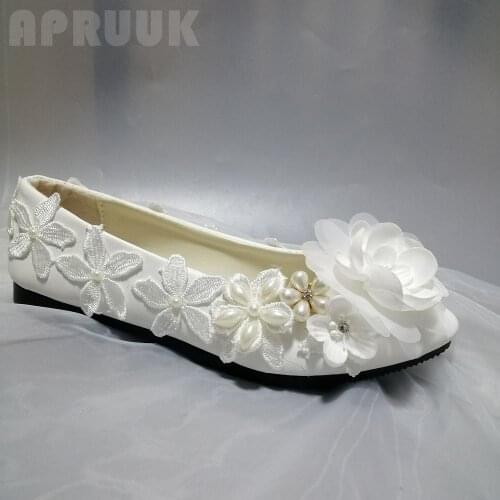 Womens white lace flats wedding shoes bride handmade plus sie 41 42 slip on flower ladies girls party proms dress flats shoe