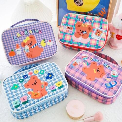 Kawaii Bear Big Capacity PU Desktop Storage Bag Makeup Pens Notebook Organizer Handbag Travel Bag Korean Stationery