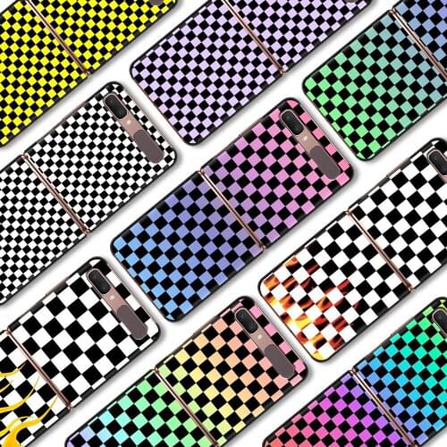 Black White Checkered Phone Case For Samsung Galaxy Z Flip 3 5G Hard PC Coque Split Folding Z Flip 3 Plastic Casing Black Cover