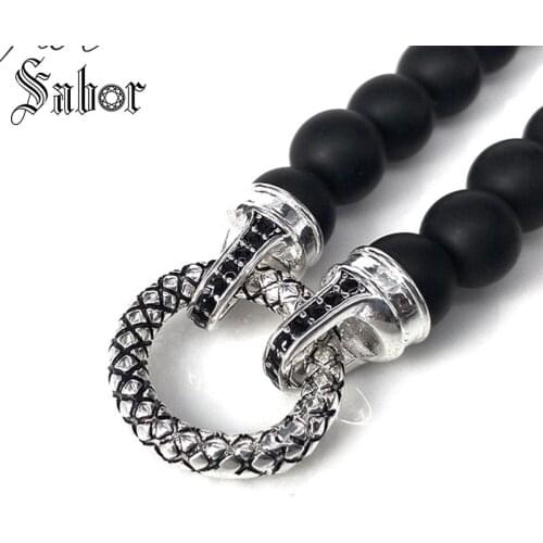 Black Obsidian Matted Beads with Circle Clasp Ribbon Chain Necklace Rebel Jewelry for Men N87 thomas