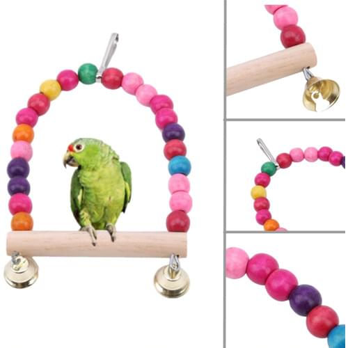 Wooden Parrot Swing Toy Bird Cage Accessories Bird Stand Rack Hanging Perch For Bird Parrot Swing Toy With Colorful Beads Bells