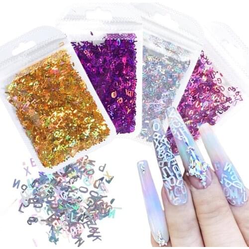 5g Holographic Alphabet Nails Glitter Flakes 3D Mixed Letter Number Nail Art Decorations Shiny Laser Paillette Manicure