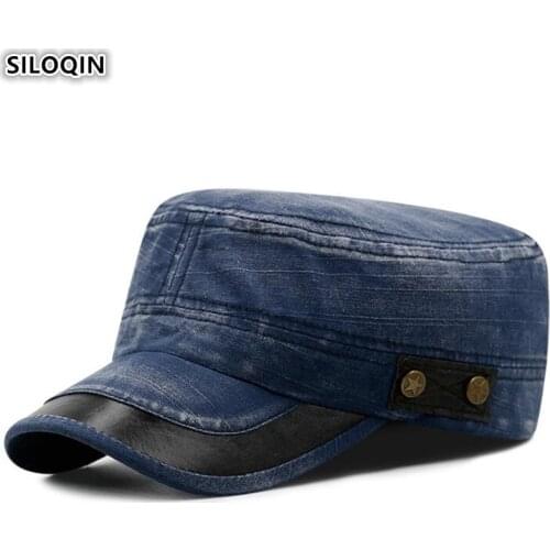 SILOQIN Adjustable Size Mens Flat Cap Washed Denim Cotton Military Hat Men Army Tongue Caps Womens Embroidery Brand Sports Cap