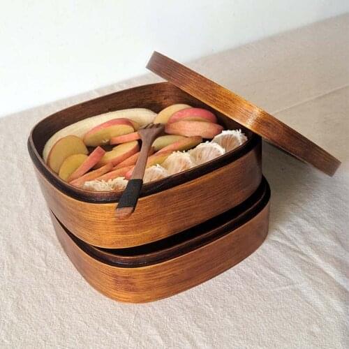 Creative Japanese-Style Wood Lunch Box Double Layer/ Large Capacity/Portable Bento Lunch Box For Outdoor Picnic Bento Box