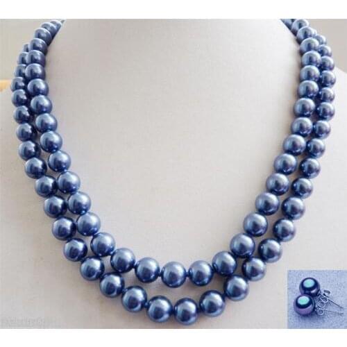 Love 10MM Navy Blue Shell Pearl Necklace 35 inch earring
