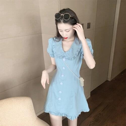 Sweet Kawaii Japanese Pleated Women Dresses 2020 Spring Summer Peter Pan Collar Puff Sleeve Casual Vintage Lady Mori Girl Dress