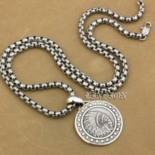 999 Pure Silver High Detail Deep Engraved Indian Chief Skull Stars Round Mens Boys Biker Rock Punk Pendant 9X016 Necklace 26"