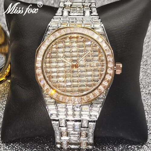 Hip Hop MISSFOX Hot Sale Iced Out Watches Men Rose Gold Full Diamond Stainless Steel Replica Mens Watches Luxury Quartz Clocks