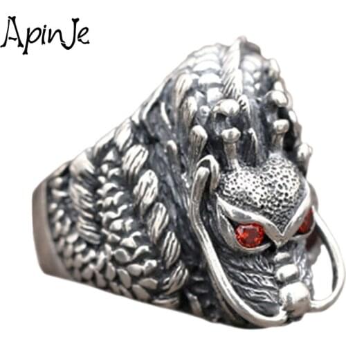Apinje Vintage 925 Sterling Silver Ring for Men Red Zircon Stone Man Dragon Animal Rings Thai Silver Jewelry
